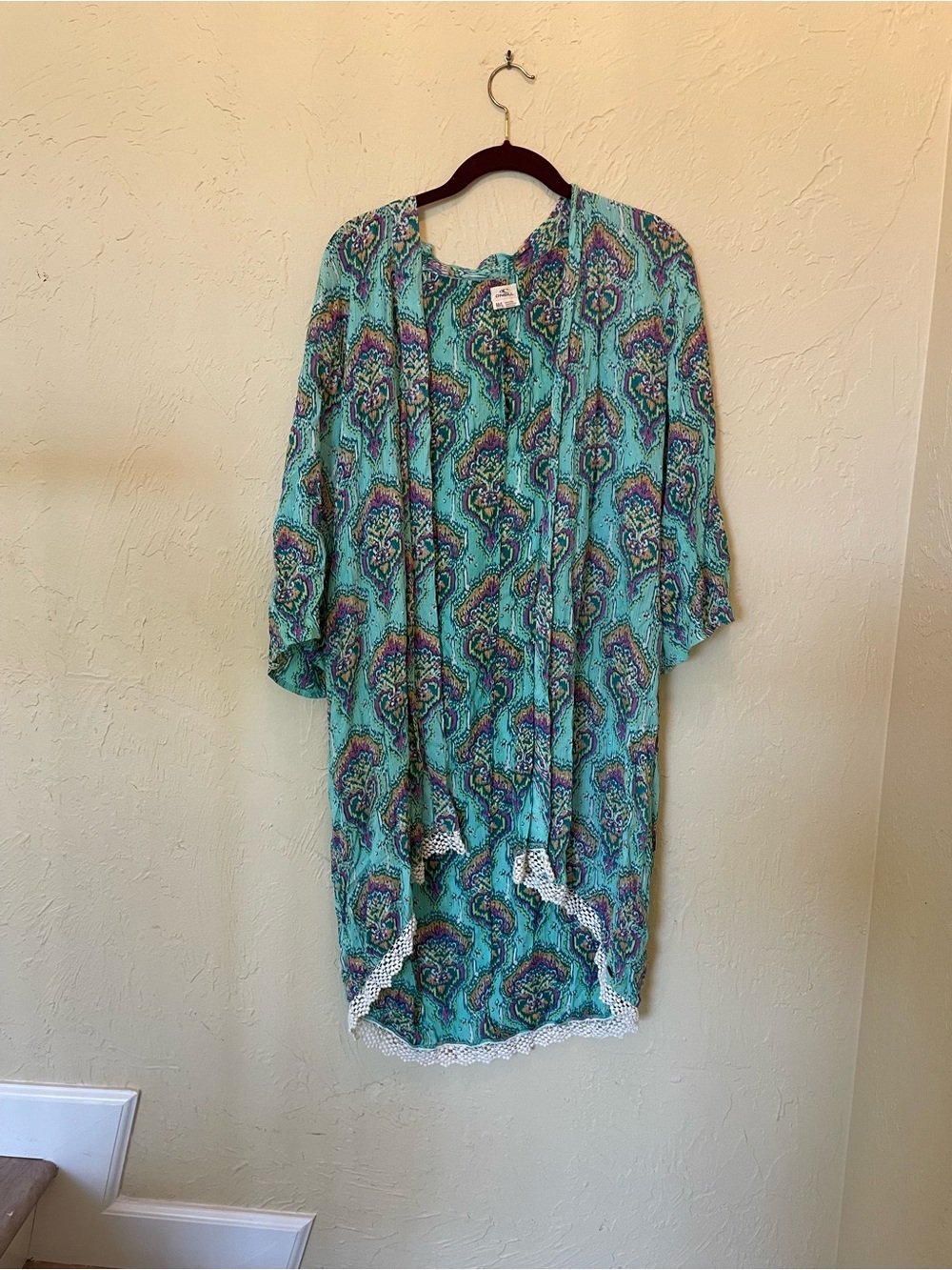 O'Neill Turquoise Paisley Open-Front Kimono with White Lace Trim